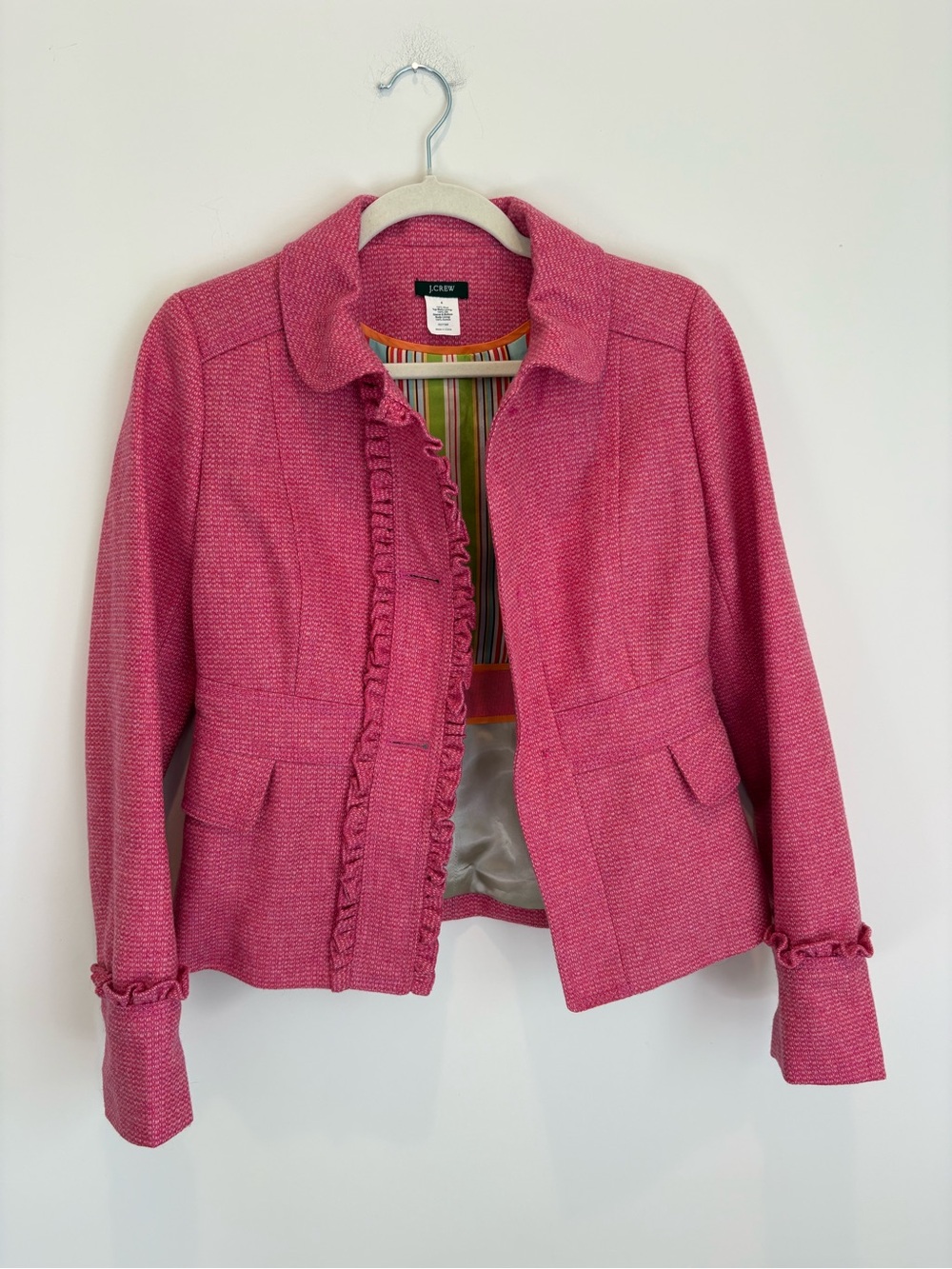 J. Crew Pink Ruffle-Trim Tweed Blazer